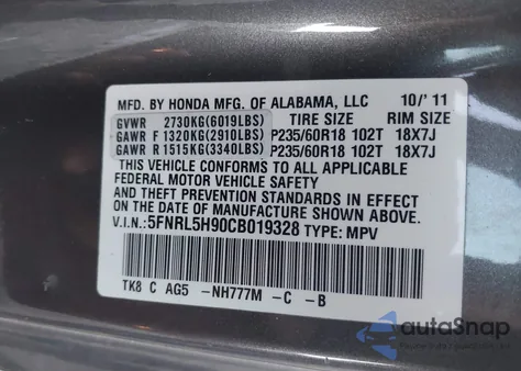 2012 Honda Odyssey Touring/Touring Elite z USA, uszkodzony, nr VIN 5FNRL5H90CB019328